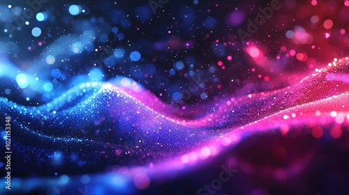 Abstract waves of vibrant blue and pink light create a mesmerizing, energetic atmosphere filled with sparkling particles.