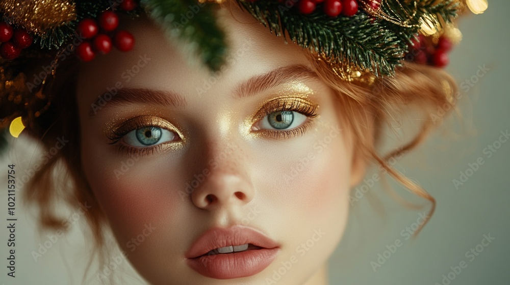 Festive beauty portrait with golden eyeshadow and rosy lips, framed by Christmas tree branches adorned with red berries and twinkling lights. Festive beauty portrait with golden eyeshadow and rosy lips, framed by Christmas tree branches adorned with red berries and twinkling lights.
