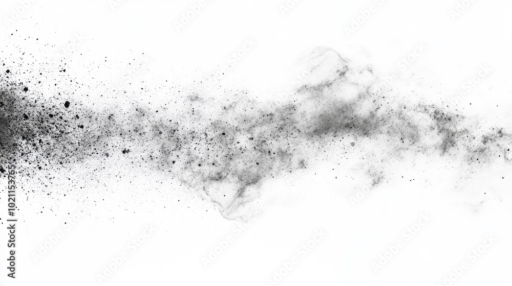 Obraz premium Abstract black and white dust cloud spreading across a white canvas, creating a dynamic and textured visual effect.