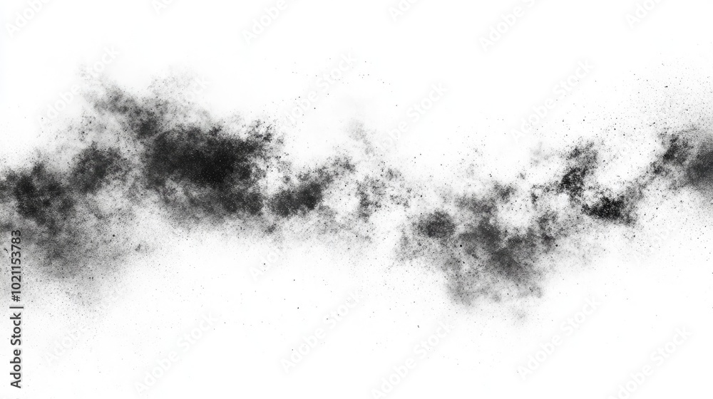 Abstract black dust cloud swirling in white background, creating a dramatic and artistic effect. Abstract black dust cloud swirling in white background, creating a dramatic and artistic effect.