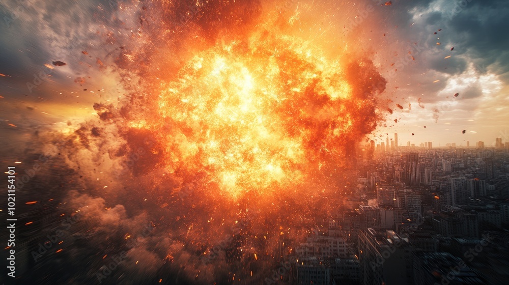 A powerful explosion erupts over a city skyline, casting an orange glow against the darkening sky. A powerful explosion erupts over a city skyline, casting an orange glow against the darkening sky.