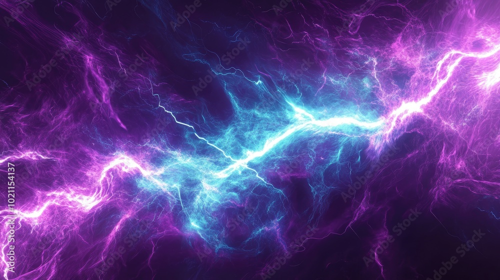 Fototapeta premium A mesmerizing display of electric blue and vibrant purple lightning bolts creating an abstract cosmic scene.