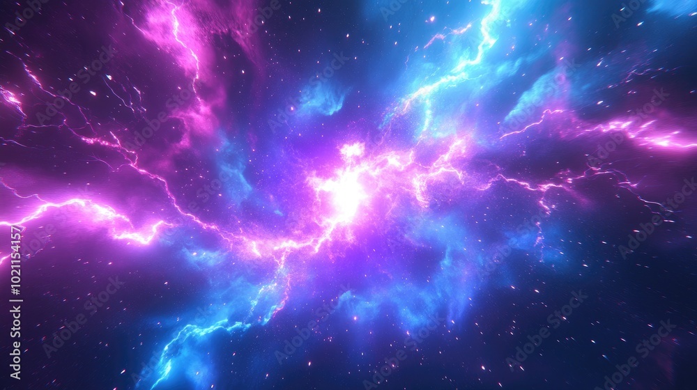 A vivid cosmic scene showcasing vibrant pink and blue nebulae illuminated by electric bolts. A vivid cosmic scene showcasing vibrant pink and blue nebulae illuminated by electric bolts.