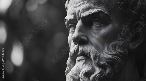 Greek sculpture of an old stoic man, roman god statue, black and white