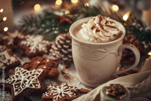 Cozy winter hot chocolate with whipped cream and gingerbread cookies