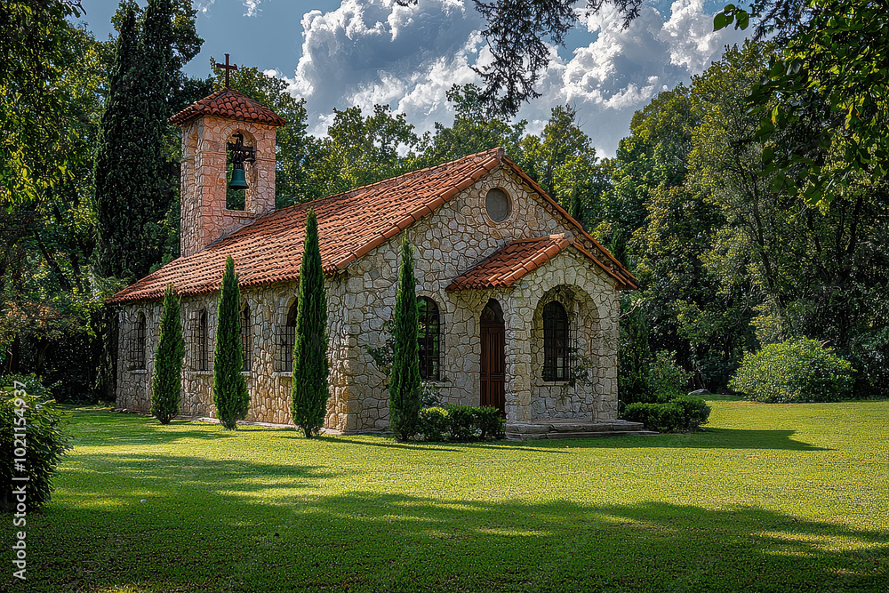 A picturesque stone church with a striking red roof and a bell tower stands in serene greenery, framed by tall trees under a partly cloudy blue sky. A picturesque stone church with a striking red roof and a bell tower stands in serene greenery, framed by tall trees under a partly cloudy blue sky.