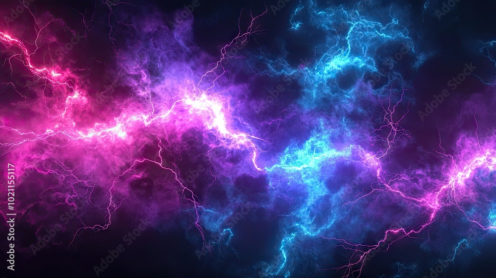 A vibrant display of pink and blue lightning bolts illuminating a dark, cloudy background. A vibrant display of pink and blue lightning bolts illuminating a dark, cloudy background.