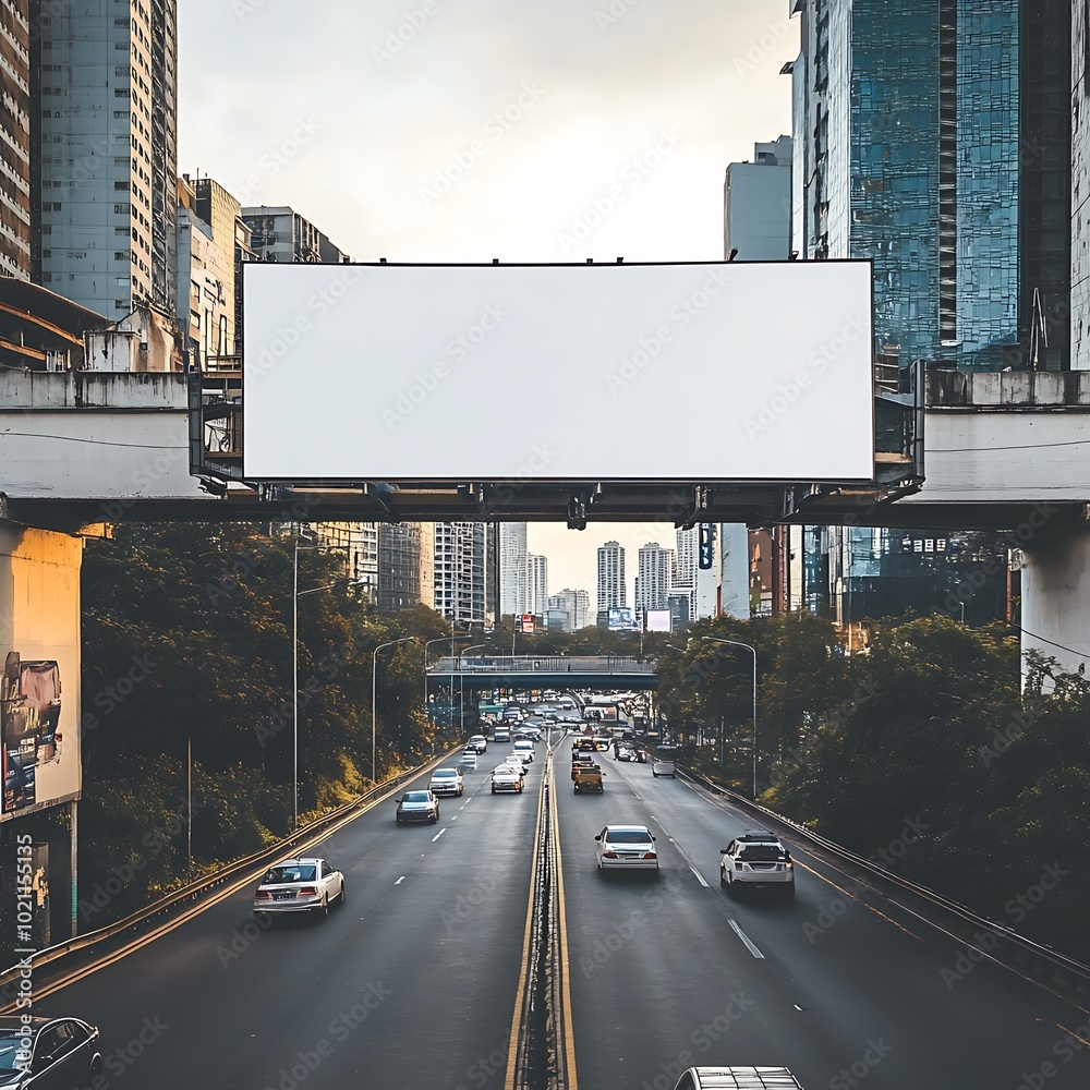 A cityscape featuring a busy highway with vehicles and a blank billboard overhead. A cityscape featuring a busy highway with vehicles and a blank billboard overhead.