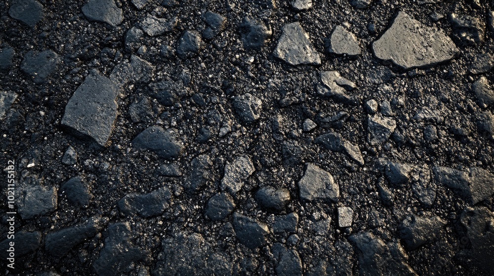 Close-up of textured asphalt surface, showcasing a mix of rough stones and dark tar. Close-up of textured asphalt surface, showcasing a mix of rough stones and dark tar.