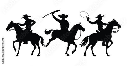 Silhouette of Cowboys in Action Riding, Shooting, and Whipping on Horseback