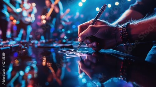 an autograph reflected in a celebratory atmosphere, where a band is signing merchandise for fans after a live concert