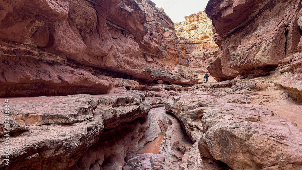 A lone male hiker navigates the steep, red rock formations of Cathedral Wash in Arizona. The vastness of the red rock slot canyon walls evokes a sense of adventure and awe - USA A lone male hiker navigates the steep, red rock formations of Cathedral Wash in Arizona. The vastness of the red rock slot canyon walls evokes a sense of adventure and awe - USA