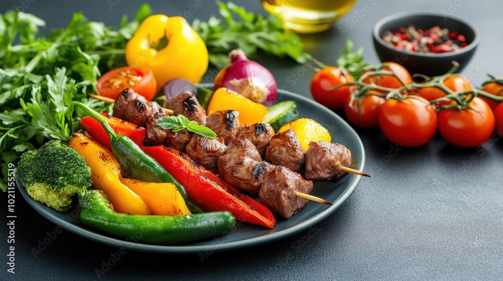 Grilled beef skewers arranged elegantly on a plate, with a variety of colorful vegetables Grilled beef skewers arranged elegantly on a plate, with a variety of colorful vegetables