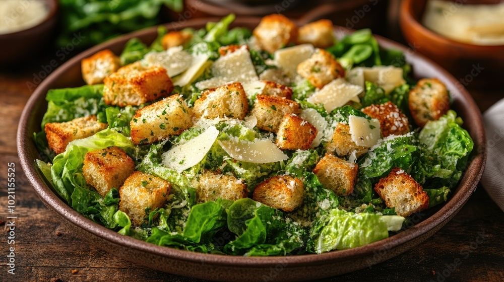 Classic Caesar salad with crisp romaine lettuce, croutons, shaved Parmesan, and creamy Caesar dressing, elegantly plated Classic Caesar salad with crisp romaine lettuce, croutons, shaved Parmesan, and creamy Caesar dressing, elegantly plated