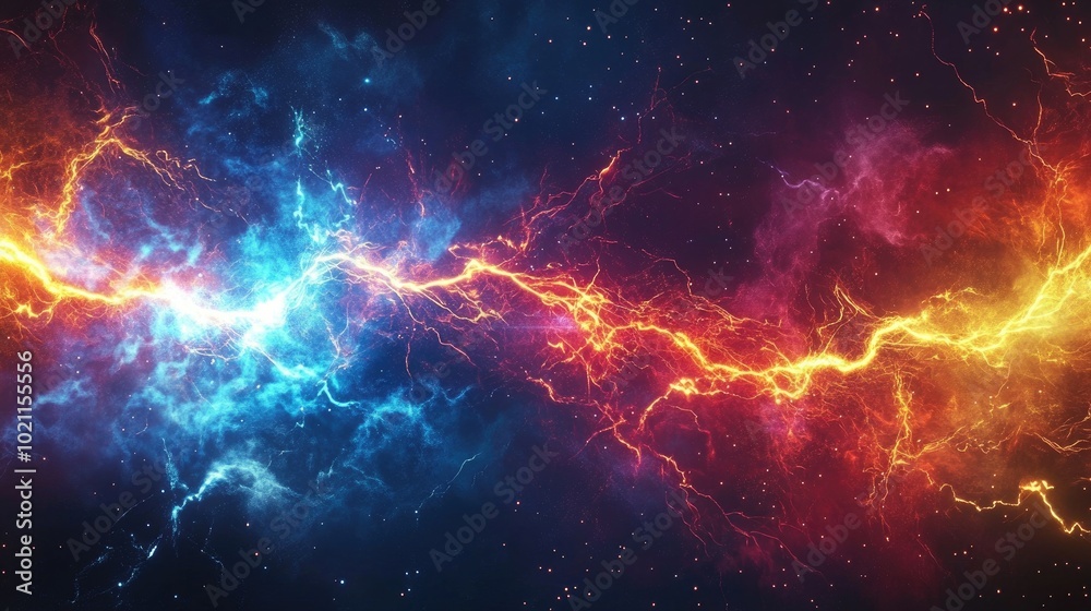 A vibrant cosmic scene with electric blue and fiery orange nebulae, creating a dramatic clash of colors in deep space. A vibrant cosmic scene with electric blue and fiery orange nebulae, creating a dramatic clash of colors in deep space.
