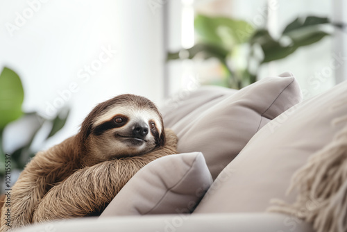 A cute sloth is lying on a sofa in a bright room.