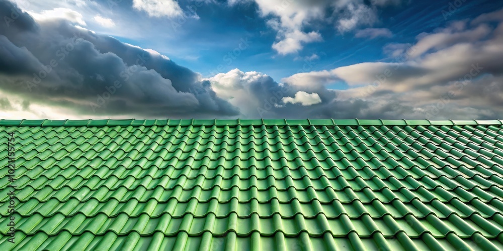 Fototapeta premium A verdant roof of interlocking tiles against a backdrop of dramatic clouds