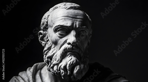 Greek sculpture of an old stoic man, roman god statue, black and white