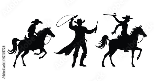 Silhouette of Cowboys in Action Riding, Shooting, and Whipping on Horseback