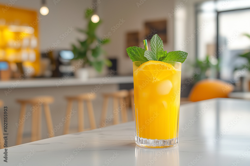 Glass of orange juice with mint in a modern cafe Glass of orange juice with mint in a modern cafe