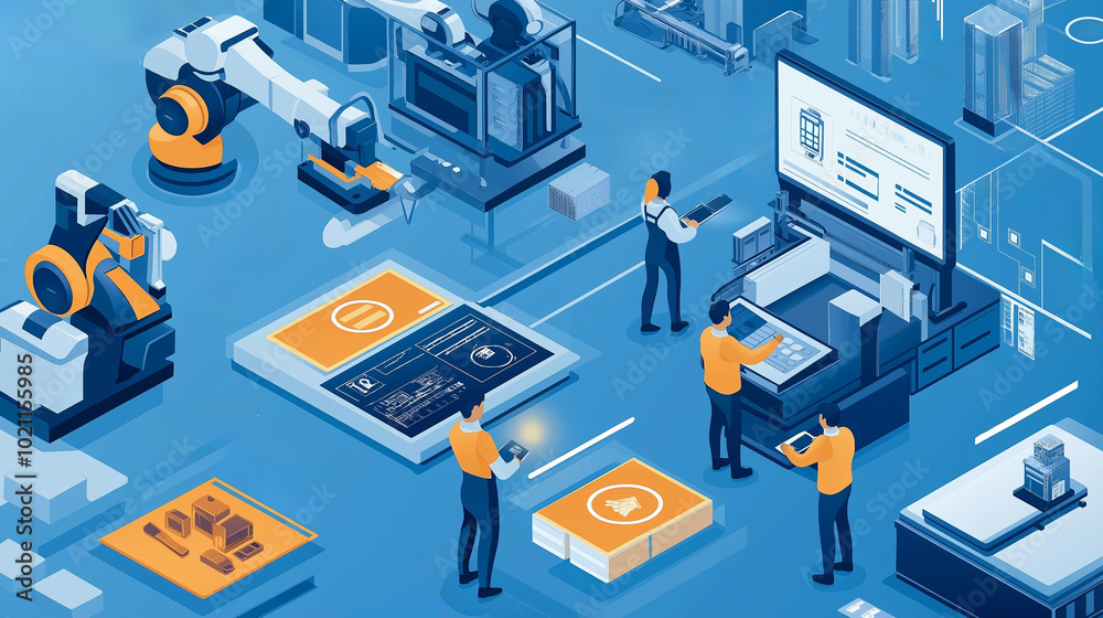 3d vector illustration of production, workers, engineers working, production process, Hi-tech machines, Industrial revolution concept, Automation factory 3d vector illustration of production, workers, engineers working, production process, Hi-tech machines, Industrial revolution concept, Automation factory