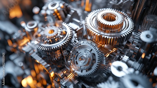 Close-up of Shiny, Interlocking Metal Gears in Motion