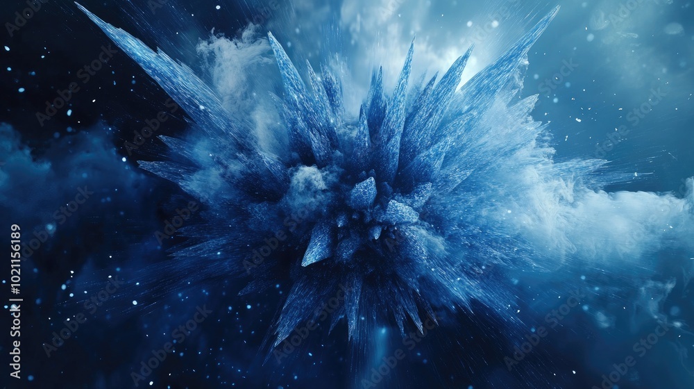Fototapeta premium An abstract explosion of icy blue textures radiating energy in a cosmic atmosphere.
