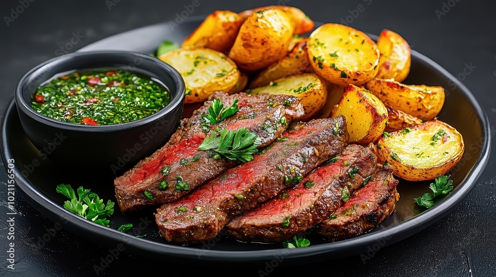 Grilled flank steak served with chimichurri sauce and roasted potatoes, rustic presentation Grilled flank steak served with chimichurri sauce and roasted potatoes, rustic presentation