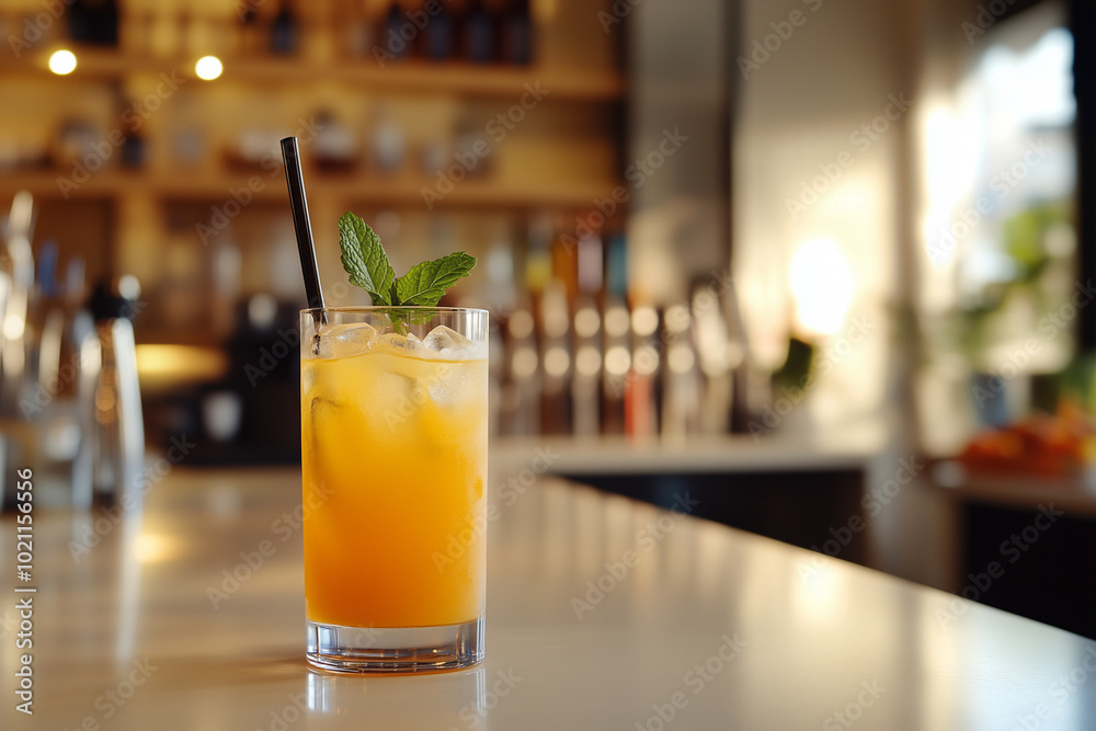 Glass of orange juice with mint in a modern cafe Glass of orange juice with mint in a modern cafe
