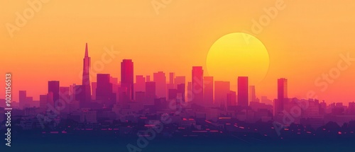 Vibrant city skyline at sunset with a bright, warm orange and yellow sky.