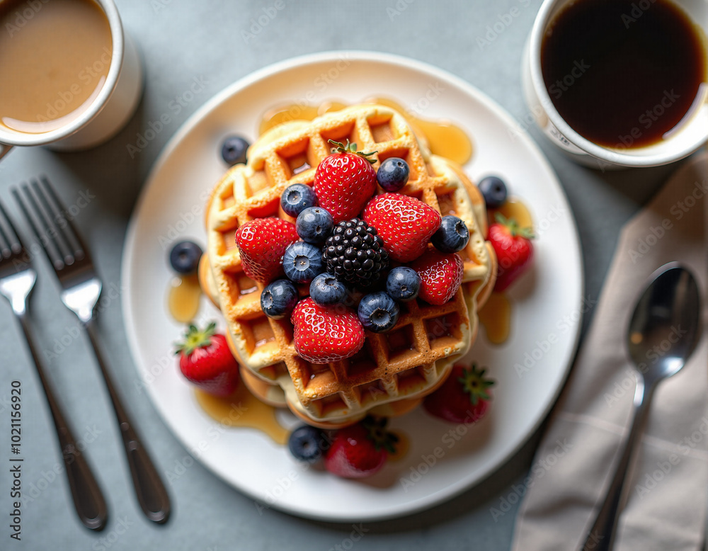 Fresh Waffles Topped with Mixed Berries and Maple Syrup for Breakfast Fresh Waffles Topped with Mixed Berries and Maple Syrup for Breakfast