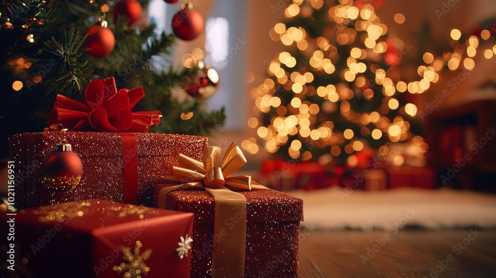 Christmas gifts under the tree with festive bokeh lights Christmas gifts under the tree with festive bokeh lights