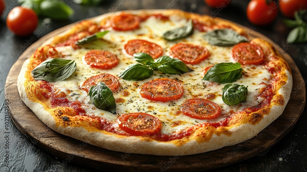 Classic margherita pizza with a thin, crispy crust, topped with fresh tomatoes, mozzarella, and basil leaves, baked to perfection Classic margherita pizza with a thin, crispy crust, topped with fresh tomatoes, mozzarella, and basil leaves, baked to perfection