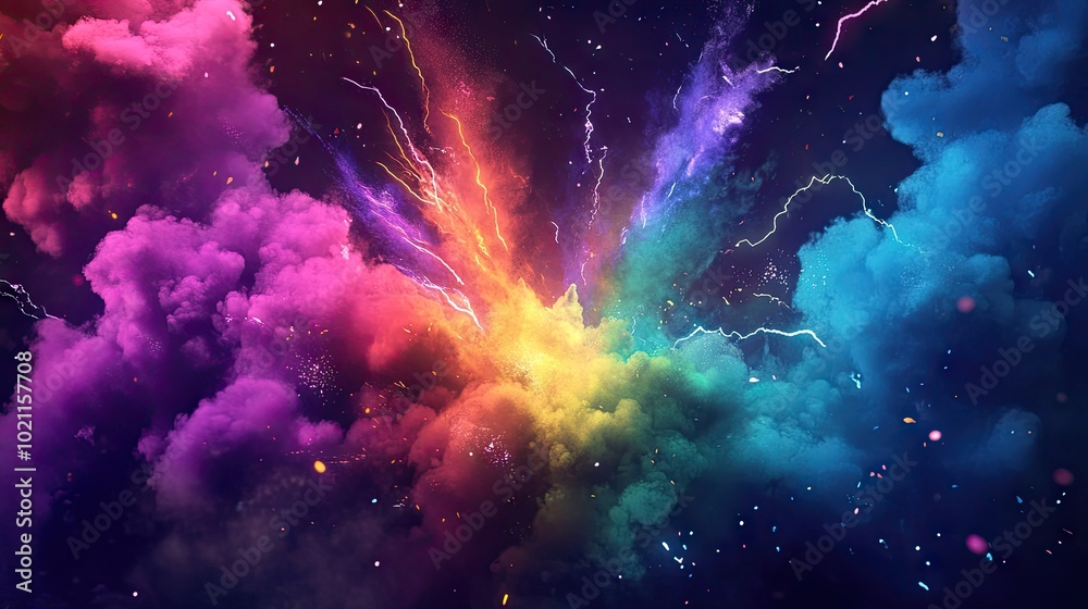 A vibrant explosion of colorful clouds, showcasing hues of purple, blue, and orange with dynamic lightning streaks. A vibrant explosion of colorful clouds, showcasing hues of purple, blue, and orange with dynamic lightning streaks.