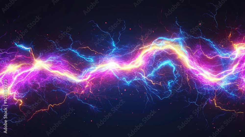 An abstract representation of colorful lightning bolts in vibrant hues of blue, purple, and orange against a dark background. An abstract representation of colorful lightning bolts in vibrant hues of blue, purple, and orange against a dark background.