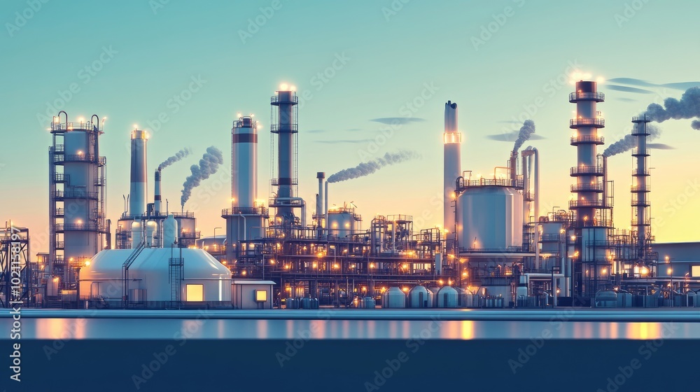 A stunning view of an industrial complex at sunset, showcasing towering smokestacks and illuminated refinery structures. A stunning view of an industrial complex at sunset, showcasing towering smokestacks and illuminated refinery structures.