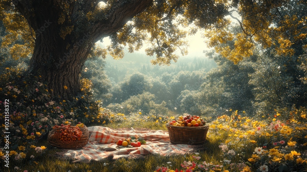 A serene picnic scene under a tree with baskets of fruits. A serene picnic scene under a tree with baskets of fruits.