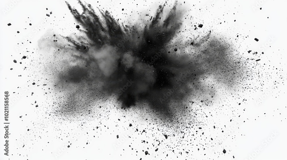 An abstract explosion of black powder and debris creating a dramatic cloud against a white background. An abstract explosion of black powder and debris creating a dramatic cloud against a white background.
