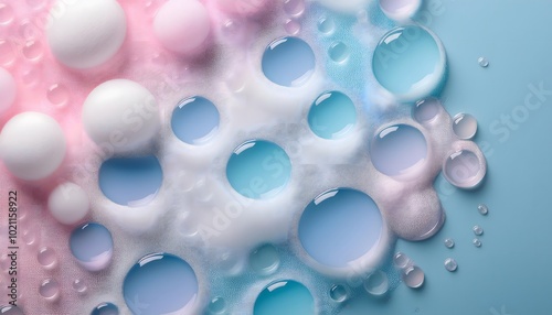 Shampoo foam with large, soft bubbles against a pastel-colored background