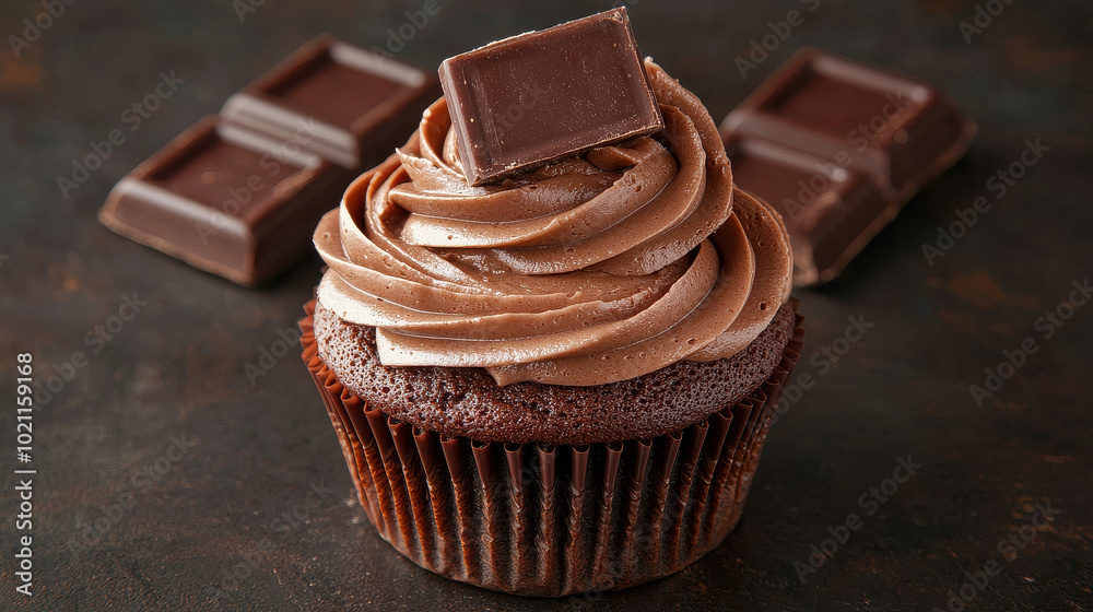 A decadent chocolate cupcake topped with creamy, swirled frosting and adorned with a luxurious chocolate square, set against a background of additional chocolate pieces. A decadent chocolate cupcake topped with creamy, swirled frosting and adorned with a luxurious chocolate square, set against a background of additional chocolate pieces.