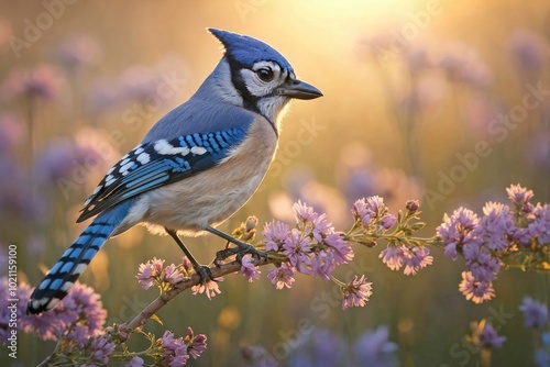 Bluejay Singing at Sunrise in a Flowering Meadow