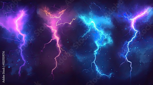 A stunning display of vibrant lightning in shades of purple, blue, and teal against a dark cosmic backdrop.