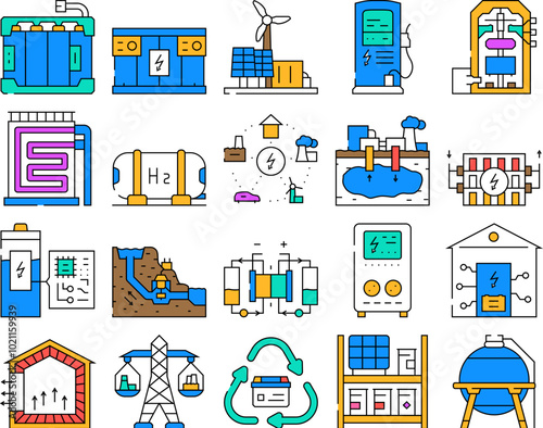 energy storage power battery icons set vector. solar panel, system grid, photovoltaic lithium, electric green, ion, smart, industry energy storage power battery color Contour Illustrations