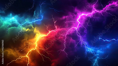 Vibrant lightning bolts illuminate a dramatic, colorful stormy sky filled with electric hues. photo