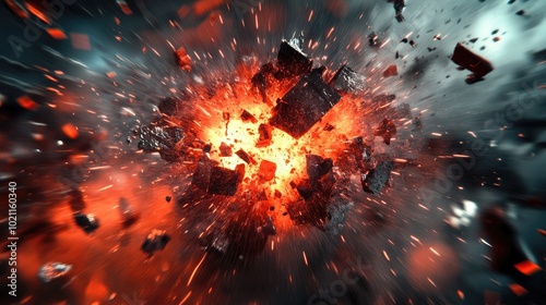 An intense explosion featuring fiery orange and red hues with debris flying in all directions, creating a dramatic visual impact.