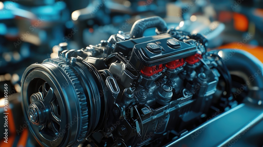 Close-up of a detailed car engine, showcasing its intricate design and modern engineering. Close-up of a detailed car engine, showcasing its intricate design and modern engineering.
