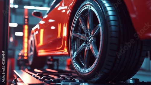 Close-up of a sleek red sports car's alloy wheel in a modern workshop with vibrant lighting. photo