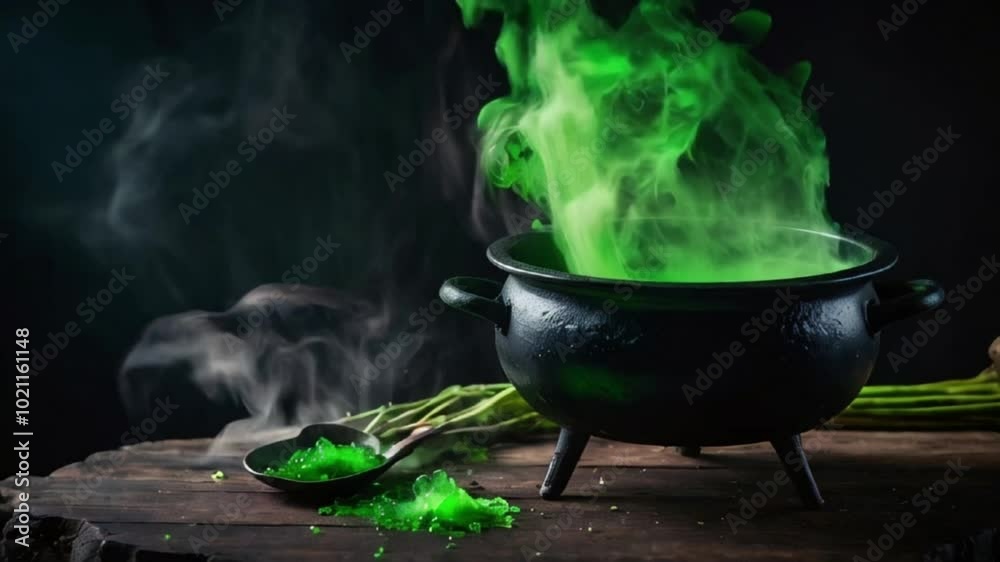 A cauldron filled with green potion is bubbling and emitting smoke on a wooden table A cauldron bubbling with a mysterious potion and green smoke A cauldron filled with green potion is bubbling and emitting smoke on a wooden table A cauldron bubbling with a mysterious potion and green smoke