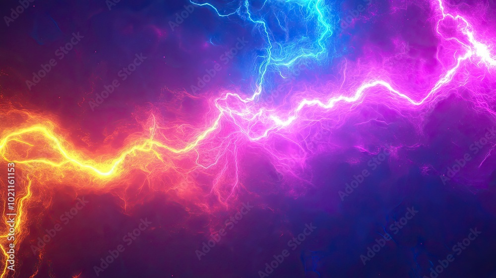 A vibrant display of electric energy with colorful lightning bolts in shades of purple, blue, and orange. A vibrant display of electric energy with colorful lightning bolts in shades of purple, blue, and orange.