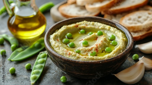 A bowl of green pea hummus with olive oil, garlic, and bread.